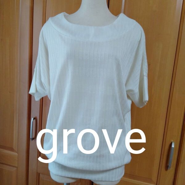 ワールド グローブgrove アイボリー ニット カットソー トップス 新品未使用 М 五分袖 プルオーバー オープンネック