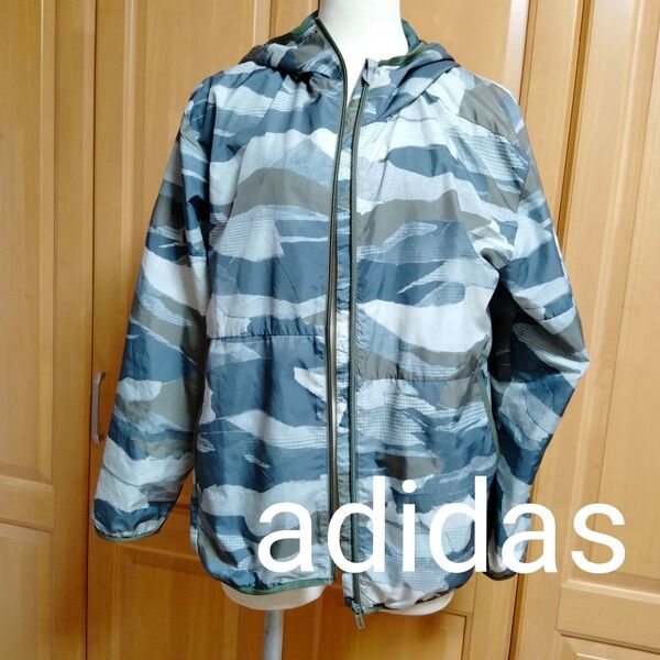 adidas アディダス カーキグレー迷彩柄 ウインドブレーカー ジップアップ ナイロンジャケット メンズSサイズレディスL