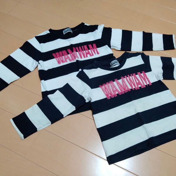 長袖ボーダーTシャツ 2枚セット 兄弟お揃いコーデ 双子にも 黒×白 110 120 バックプリント