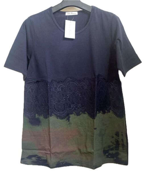 ネイビーレース装飾 ネイビー×カーキ半袖Tシャツ新品タグ付きプレゼントにも