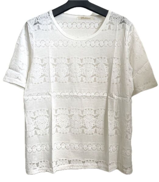 レース模様ホワイトシアー半袖Tシャツ新品タグ付き透け感シャツ