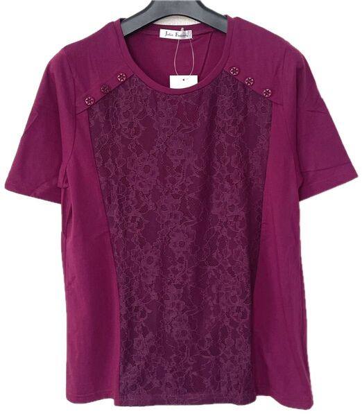 Jolie Femmes パープルレース半袖Tシャツ新品タグ付きワインレッド