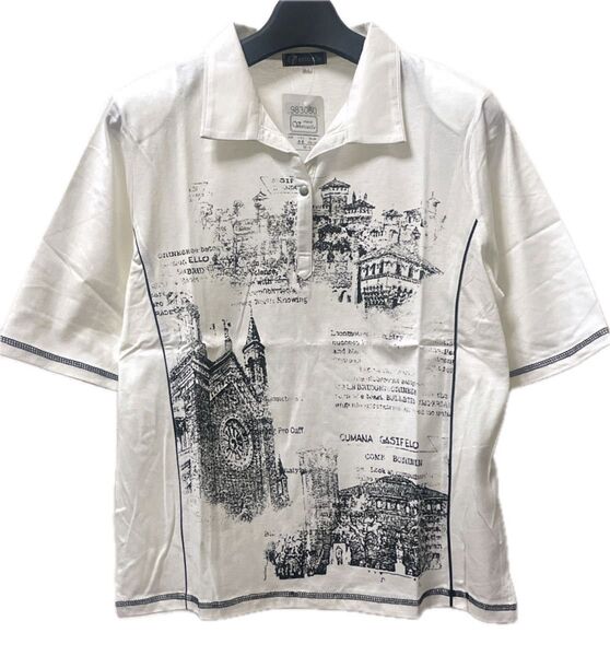 風景プリント ポロシャツTシャツ肩パット入りM-Lサイズフリー新品タグ付き