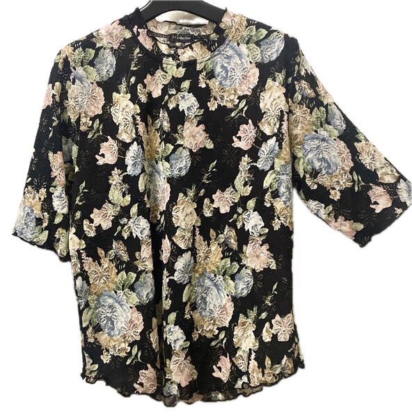 花柄シアー五分袖トップス 黒 LLサイズ 新品タグ付き