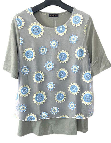 グレー半袖Tシャツ レースのお花プリントが可愛いトップス新品タグ付きプレゼントに