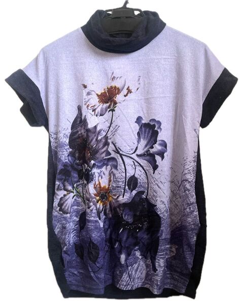花柄ハイネック半袖ロングTシャツ 紫系ロンT ニットチュニック新品タグ付き