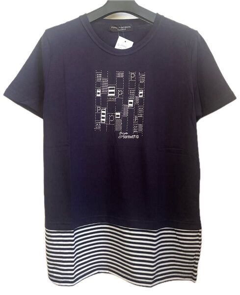ネイビーロング半袖Tシャツストライプ裾 ビジュー装飾ラインストーン&スタッズ新品
