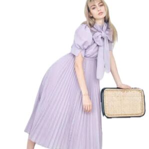 snidel プリーツワンピース パープル リボンタイ パフスリーブ
