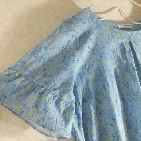 セルフサービス綿 LL. みずいろ系 リバティー柄 Aラインリボンひも付き ロング ワンピース