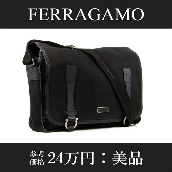 本物 フェラガモ 2WAYショルダー メッセンジャーバッグ メンズ レディース 黒 マーク 大容量 斜め掛け 鞄 バック B225