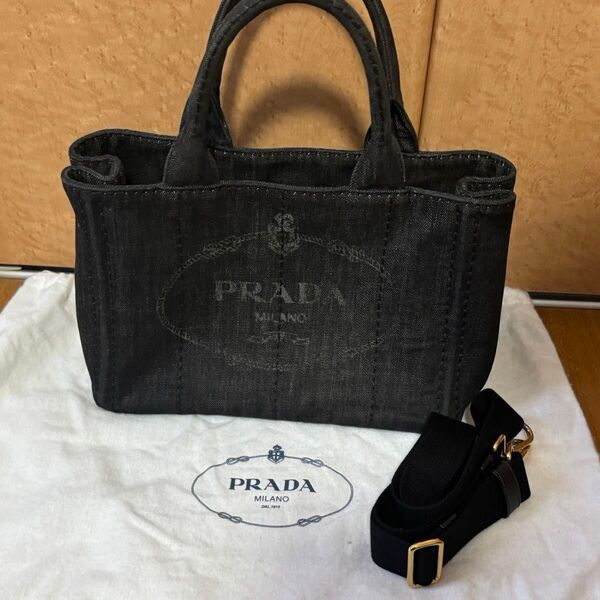 【大幅値下】PRADA プラダ カナパS ショルダーバッグ 2way キャンバス 黒 デニム ブラック トートバッグ ハンドバッグ