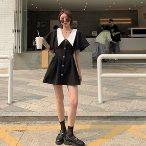 【フォロー割】ミニワンピース レトロ ガーリー 地雷系 半袖 L ブラック