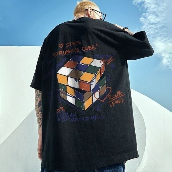 XL ヒップホップ プリントTシャツ 黒 メンズ キューブ ビッグサイズ