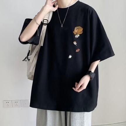 メンズ 猫 ネコ ワンポイント 半袖 Tシャツ カジュアル トップス 黒 ブラック