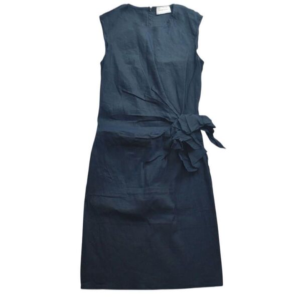 【最高級ライン】LANVIN PARIS フランス製 リネン混 ワンピース S 切りっぱ リボン モードデザイン ノースリーブ