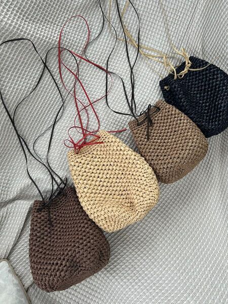 編み物巾着ショルダーカゴバッグ 4色展開 ハンドメイド かごバッグ 六角花編み