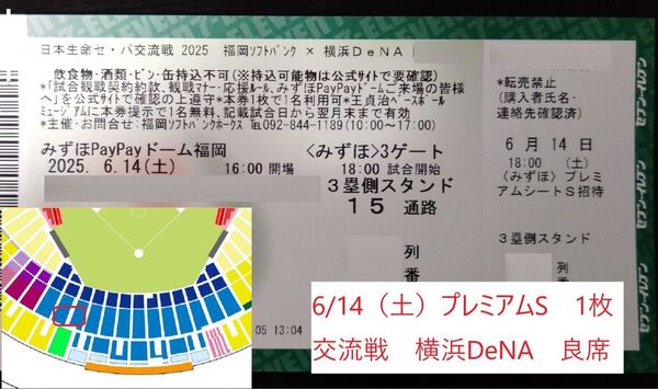 6/14(土) 福岡ソフトバンクホークス vs 横浜DeNA プレミアムシートS 良席 チケット 1枚