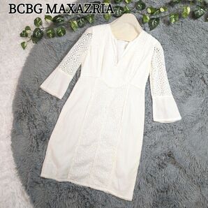 BCBG MAXAZRIA ビーシービージーマックスアズリア 総レース ワンピース 七分袖 ひざ丈ワンピース 白 ホワイト レース