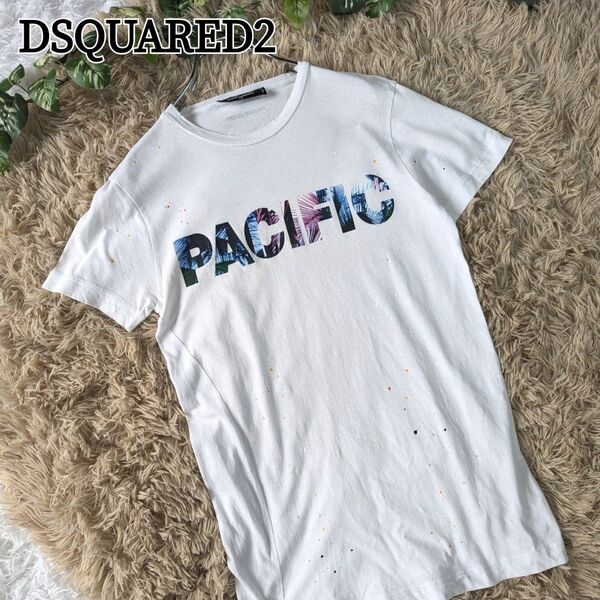 DSQUARED2 ディースクエアード ヴィンテージ加工 Tシャツ 白 古着 USED加工 ペイント加工 ホワイト リネン 綿
