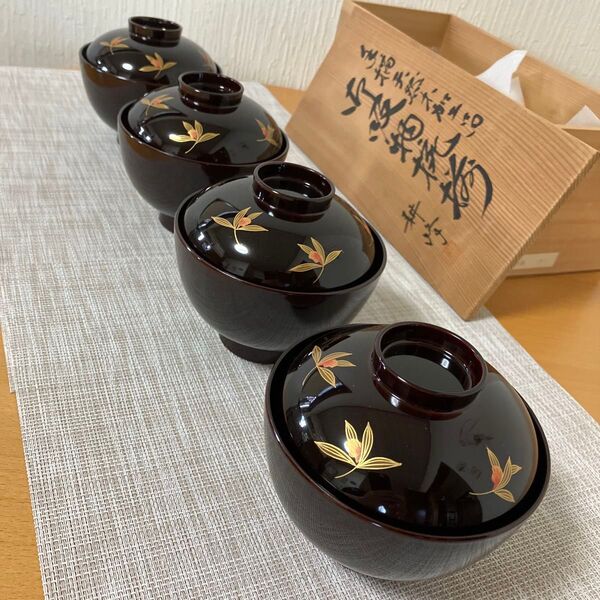 【未使用】山中漆器 耕峰 手描き 蘭 漆塗り 溜色 内黒 吸物椀 4客