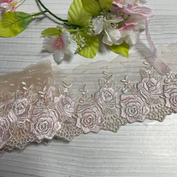 チュールレース ベージュ 幅9cm 薔薇柄 刺繍の美しい日本製1.2m [13819