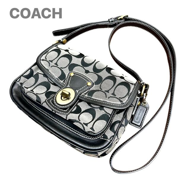 COACH coach コーチ ショルダーバッグ シグネチャー キャンバス レザー 切り替え 総柄 ターンロック 斜め掛け