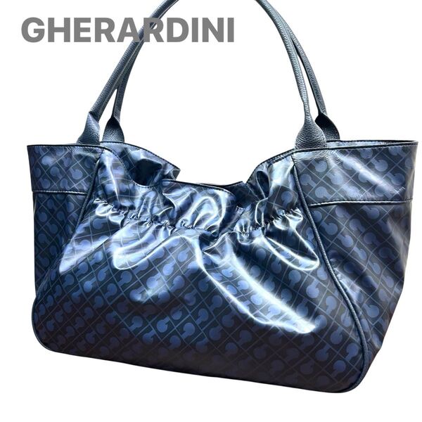 GHERARDINI ゲラルディーニ トートバッグ ハンドバッグ ソフティ 肩掛け 総柄 モノグラム ネイビー 紺 レザー