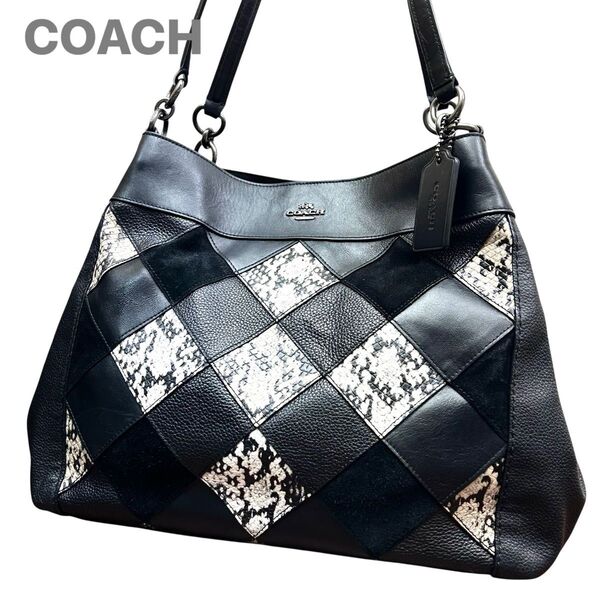 COACH coach コーチ トートバッグ 肩掛け ハンドバッグ ブラック系 レザー スエード パイソン パッチワーク