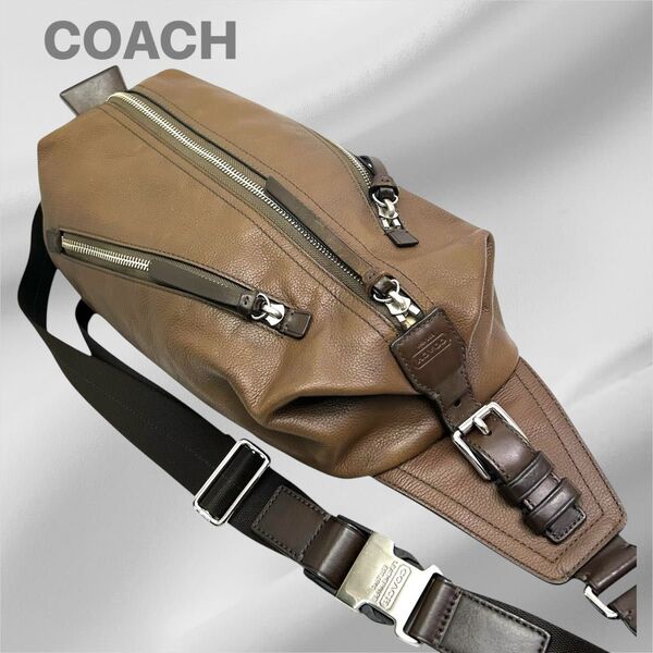 COACH コーチ トンプソン ショルダーバッグ ボディバッグ クロスボディ 本革 レザー 斜め掛け ブラウン 茶色 シボ革