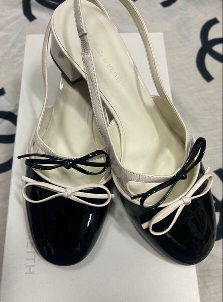 Charles & Keith チャールズ&キース バイカラー ダブルリボン スリングバック ブラックxアイボリー 37 24cm