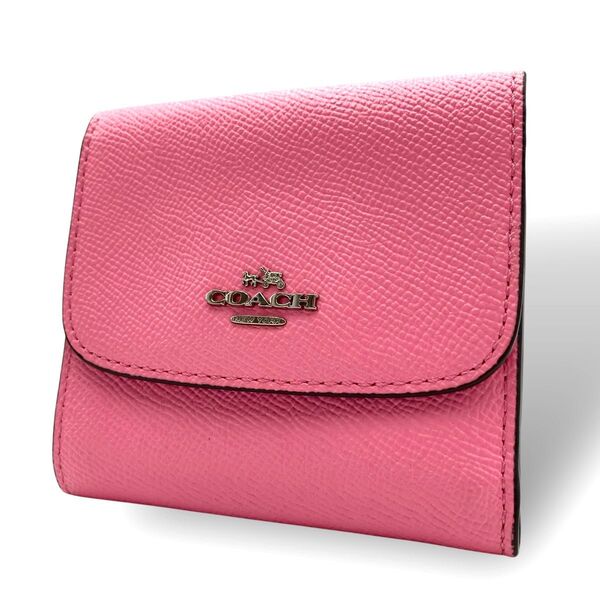 【美品】 COACH コーチ 三つ折り財布 コンパクト ミニ財布 花柄 ピンク レザー 本革 シボ革 ロゴ金具 シルバー金具