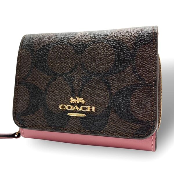 COACH コーチ 三つ折り財布 ミニ財布 コンパクト シグネチャー PVC レザー ダークブラウン こげ茶 ピンク ロゴ金具