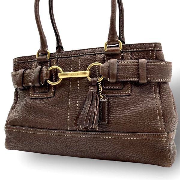 COACH コーチ ハンドバッグ 肩掛け オールレザー 本革 シボ革 ブラウン 茶色 ベルト タッセル ゴールド金具 10212