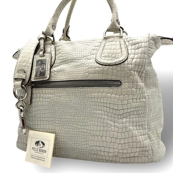 【美品】 PELLE BORSA ペレボルサ ショルダーバッグ ハンドバッグ 2way 肩掛け クロコ型押し ホワイト系