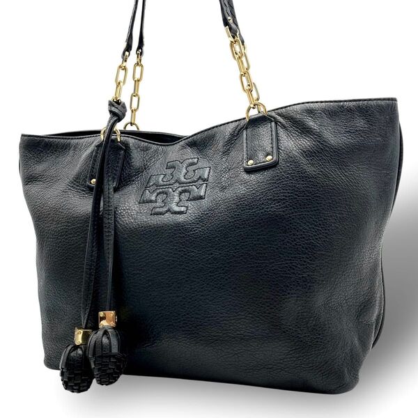 TORY BURCH トリーバーチ トートバッグ 肩掛け レザー 本革 ゴールドチェーン タッセル ブラック 黒 デカロゴ
