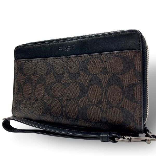 【美品】COACH コーチ オーガナイザー 長財布 ラウンドファスナー シグネチャー PVC レザー ブラウン ブラック 茶色