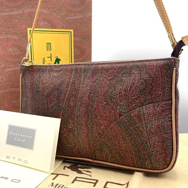 【美品】 ETRO エトロ ショルダーバッグ アクセサリーポーチ ワンショルダーバッグ ペイズリー柄 PVC レザー ブラウン