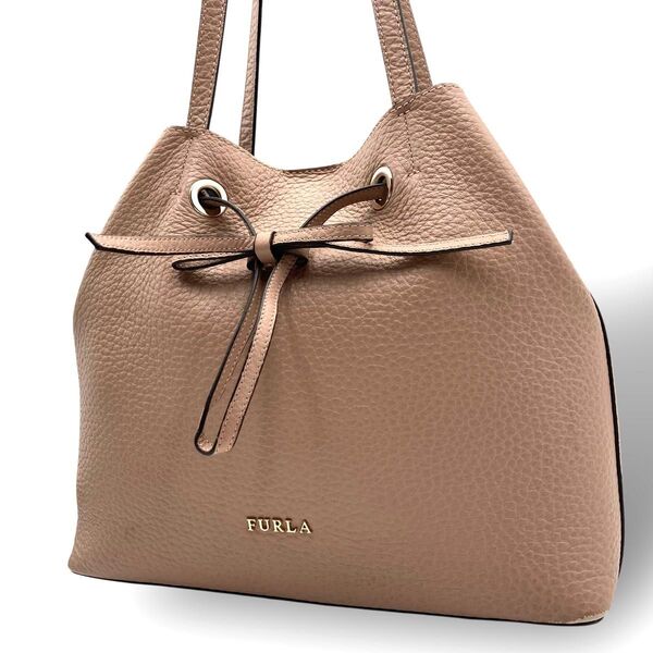 FURLA フルラ コスタンザ トートバッグ ショルダーバッグ レザー 本革 シボ革 サーモンピンク ピンクベージュ 巾着