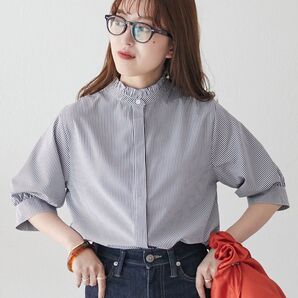 新品タグ付き ディスコート フリル襟 ストライプ5分袖シャツ