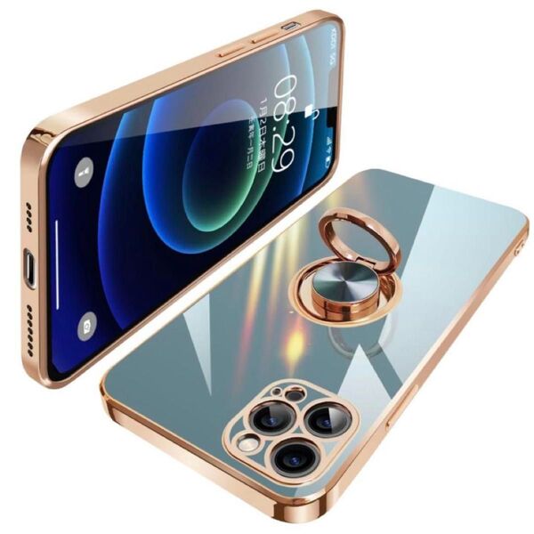iphone12ProMax スマホケース リング付き TPU グレーブルー カバー
