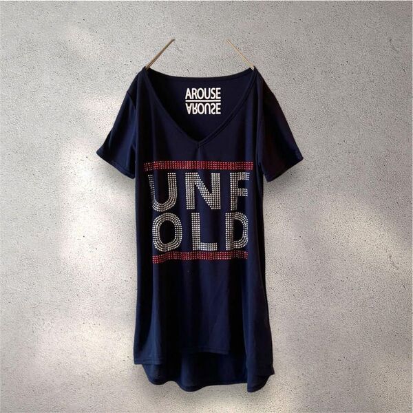PARK GIRL レディース トップス 半袖Tシャツ(M)Vネック ビーズ ネイビー 春夏 カジュアル