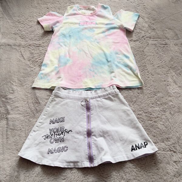 120cm ANAP 上下セット オフショルダー 肩出し キュロット スカート 半袖 セットアップ Tシャツ 女の子