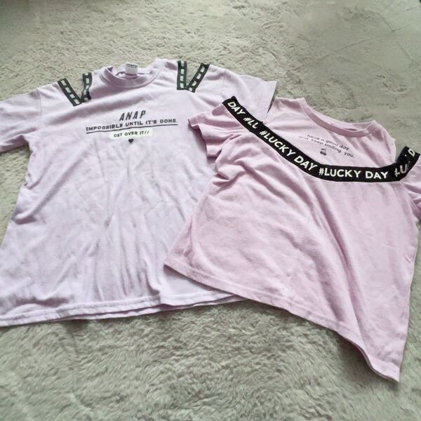 130cm ANAP 2点セット オフショルダー 肩出し トップス 半袖 Tシャツ カットソー 半袖Tシャツ