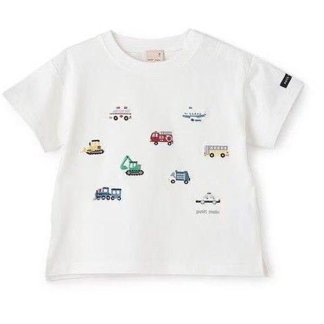 新品未使用【接触冷感】働く車刺しゅう半袖Tシャツ 100cm プティマイン キッズ 半袖Tシャツ Tシャツ ホワイト ベビー服