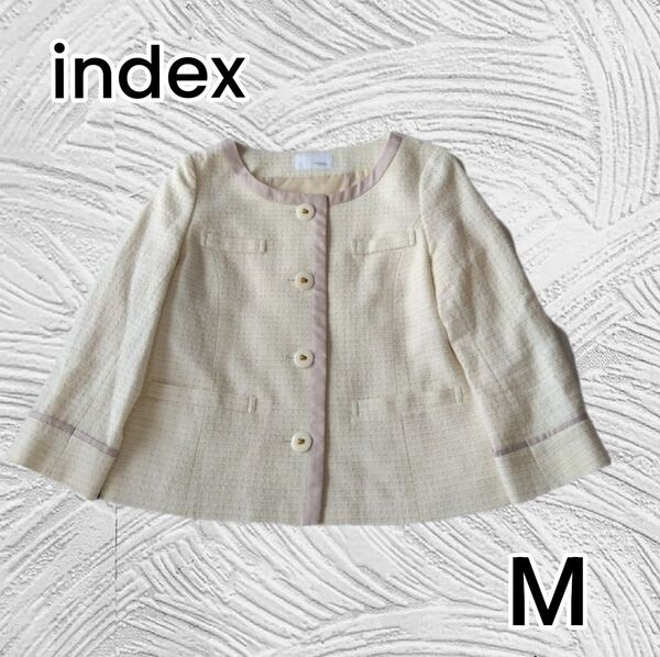 index ホワイトベージュ ツイード 七分袖ノーカラージャケット ラメ 春夏М