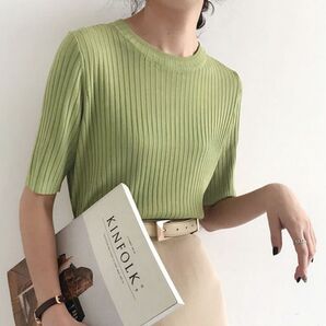 Doula Doula 5分袖サマーリブニットトップス フリーサイズ Tシャツ