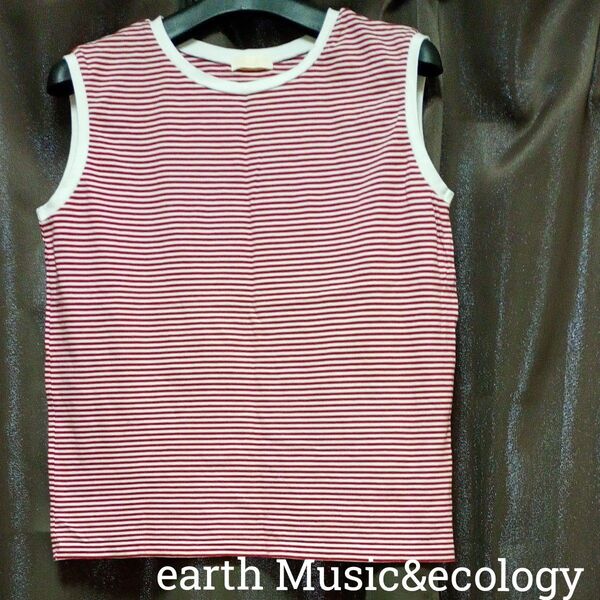 【USED美品】ノースリーブTシャツ サイズフリー earth Music&ecology 赤ボーダー×白縁 綿100%