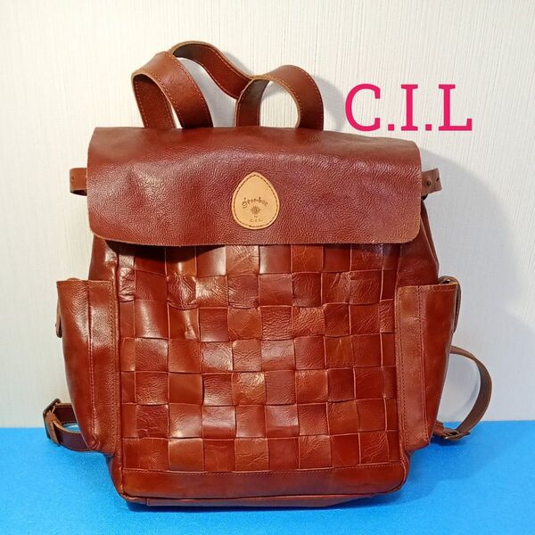 【USED美品】リュック C.I.L シーアイエル 本革 レザー ブラウン 編み込み メッシュ イントレチャート 大容量