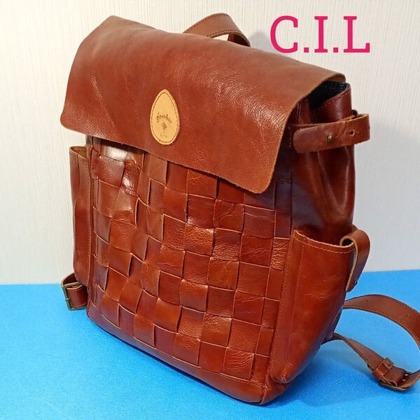【USED美品】リュック C.I.L シーアイエル 本革 レザー ブラウン 編み込み メッシュ イントレチャート 大容量