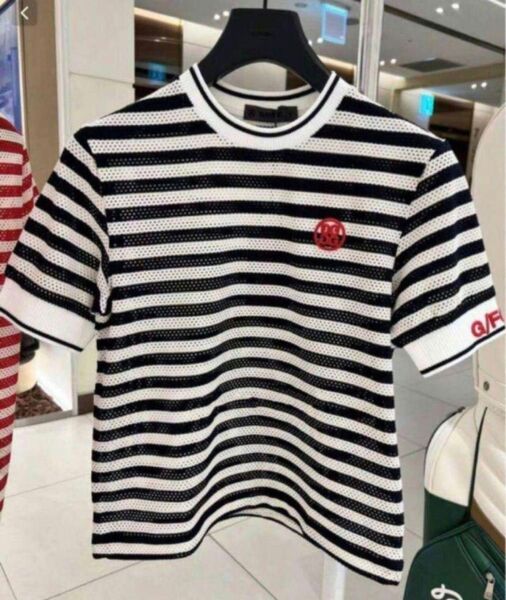即発送 ジーフォア ゴルフ レディース トップス 半袖 Tシャツ ストライプ 黒 S